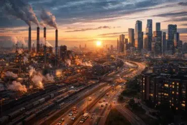 A vibrant sunset over a bustling industrial cityscape. Smokestacks release smoke near modern skyscrapers, with busy highways leading into the distance.