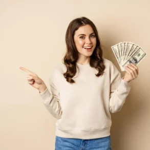 Smiling woman in a beige sweater holds a fan of dollar bills, pointing to the side against a plain background, conveying excitement and success.