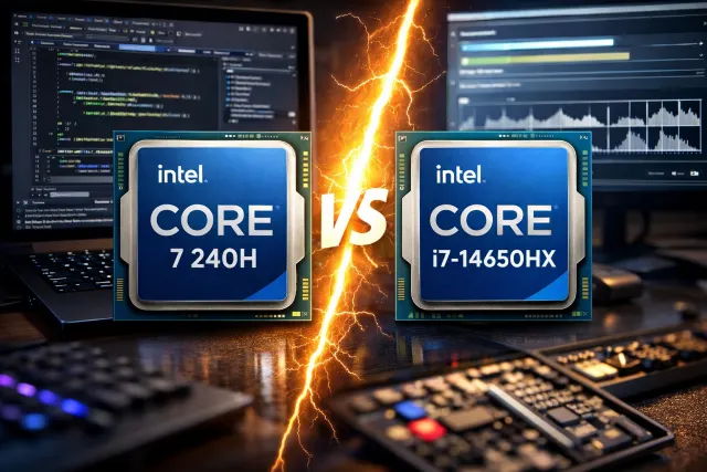 Intel Core 7 240h Vs I7-14650hx comparison chart for .NET builds and multitasking