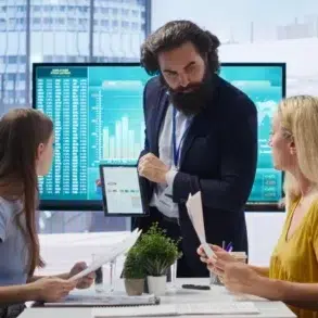 A bearded man in a suit presents data on a tablet to two women in an office. They're discussing charts on screens, creating a focused, analytical atmosphere.