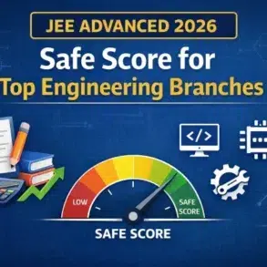 Infographic for JEE Advanced 2026, showing a 'Safe Score for Top Engineering Branches.' Features a gauge with low to safe score range, clipboards, coding symbol, and a microchip icon on a blue tech-themed background.