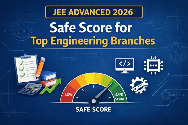 Infographic for JEE Advanced 2026, showing a 'Safe Score for Top Engineering Branches.' Features a gauge with low to safe score range, clipboards, coding symbol, and a microchip icon on a blue tech-themed background.