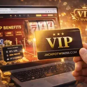 Hand holding a VIP card in front of a laptop displaying a casino website with slot reel and VIP benefits. Luxurious, exclusive vibe with gold coins.