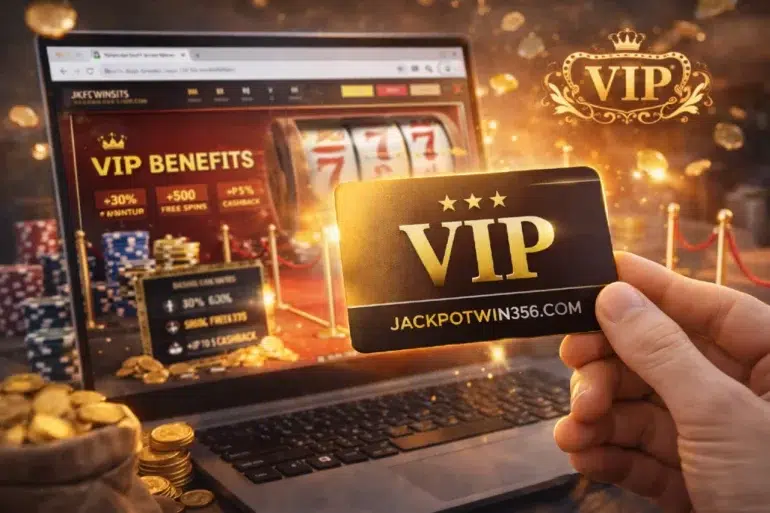 Hand holding a VIP card in front of a laptop displaying a casino website with slot reel and VIP benefits. Luxurious, exclusive vibe with gold coins.