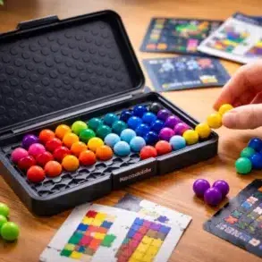 Kanoodle Game puzzle board with colorful pieces arranged in a brain-challenging pattern