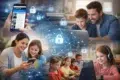 A collage shows parents and children engaging with technology. Digital lock icons overlay the image, symbolizing online safety and security. The mood is positive and educational.