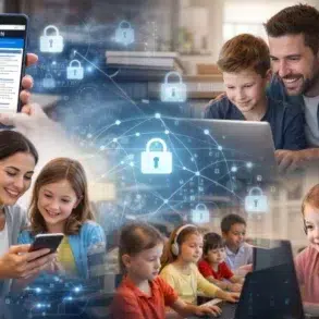 A collage shows parents and children engaging with technology. Digital lock icons overlay the image, symbolizing online safety and security. The mood is positive and educational.