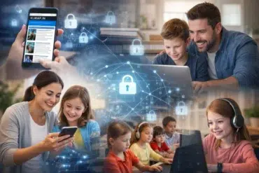 A collage shows parents and children engaging with technology. Digital lock icons overlay the image, symbolizing online safety and security. The mood is positive and educational.