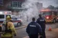 Emergency responders, including a firefighter, paramedic, and police officer, attend to a smoke-filled scene outside Liberty High School, indicating a tense situation.