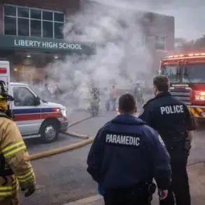 Emergency responders, including a firefighter, paramedic, and police officer, attend to a smoke-filled scene outside Liberty High School, indicating a tense situation.