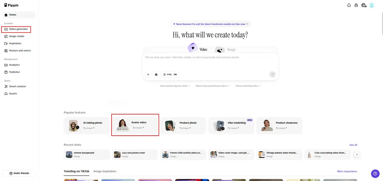 A webpage for a video creation platform. It features options for generating videos or images and displays popular features like avatar videos and product photos. The layout is modern and clean, conveying a professional and creative tone.
