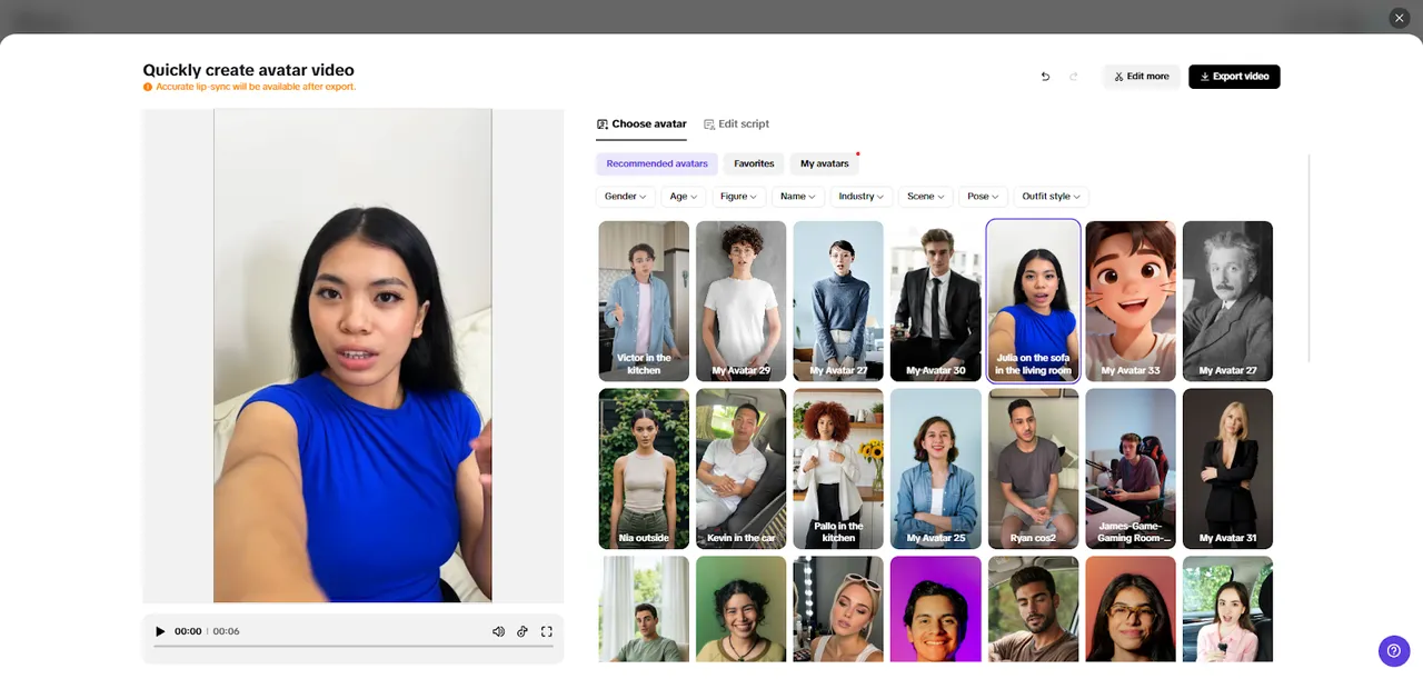 A webpage interface for quickly creating avatar videos. The main section shows a video preview of a woman in a blue shirt. On the right, a selection of diverse avatar options is displayed with various styles and backgrounds.