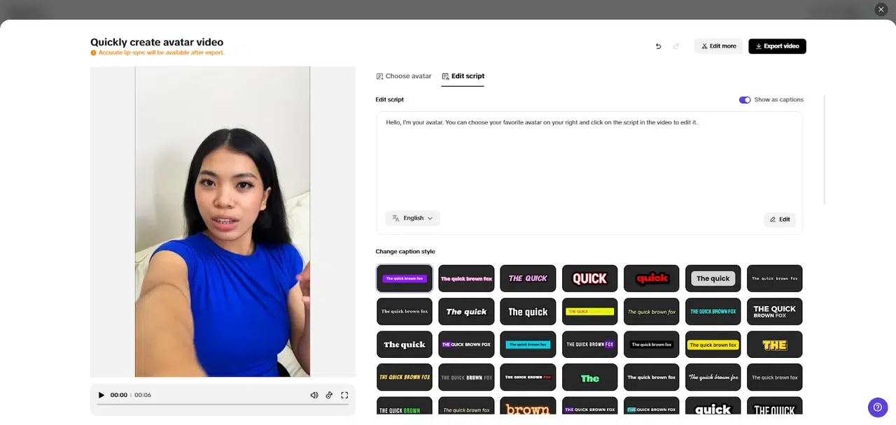 Screenshot of an avatar video creation interface. On the left, a woman in a blue shirt faces the camera. On the right, text editing tools and caption styles are displayed. The tone is instructional.