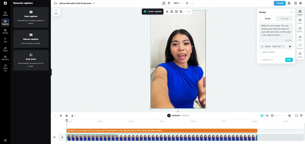 Screenshot of a video editing software interface. A woman in a blue shirt is speaking on the screen. Caption tools and settings are visible on the sides.