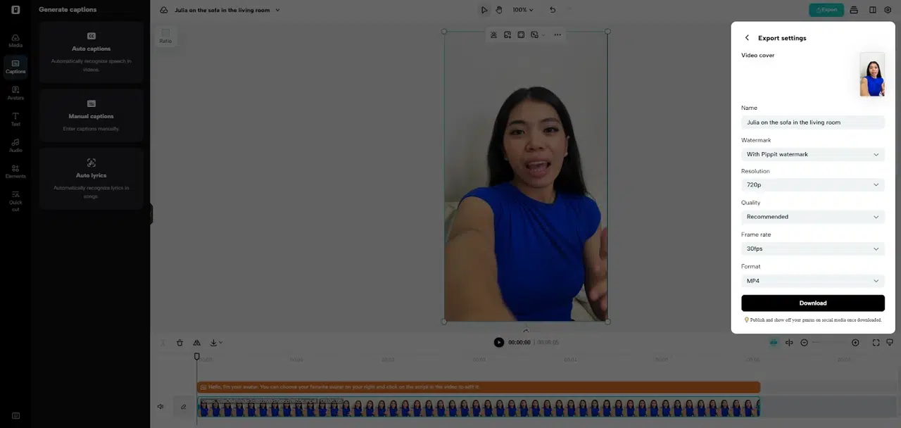 A woman in a blue top is seen talking animatedly on a video editing screen. The interface shows export settings and a video timeline below her image.
