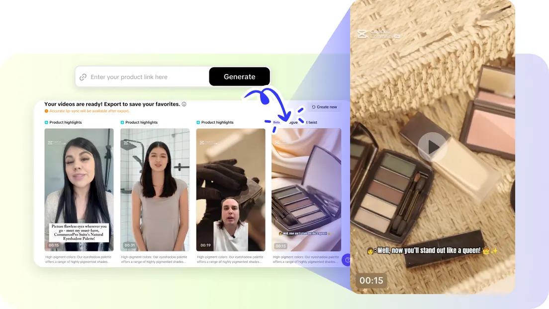 Split screen showing video thumbnails on the left and makeup products on the right. The tone is informative and promotional, highlighting cosmetics.