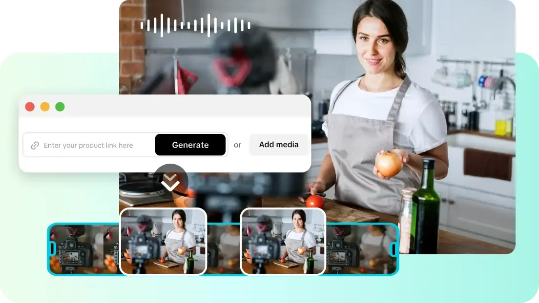 A woman in an apron holds an onion in a modern kitchen, smiling at the camera. A floating interface overlay shows media options and video editing icons.
