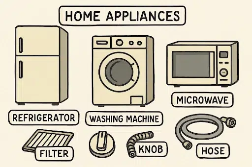"Home Appliances" featuring a refrigerator, washing machine, and microwave. Below are labeled images of a filter, knob, and hose. The style is simple and cartoon-like.