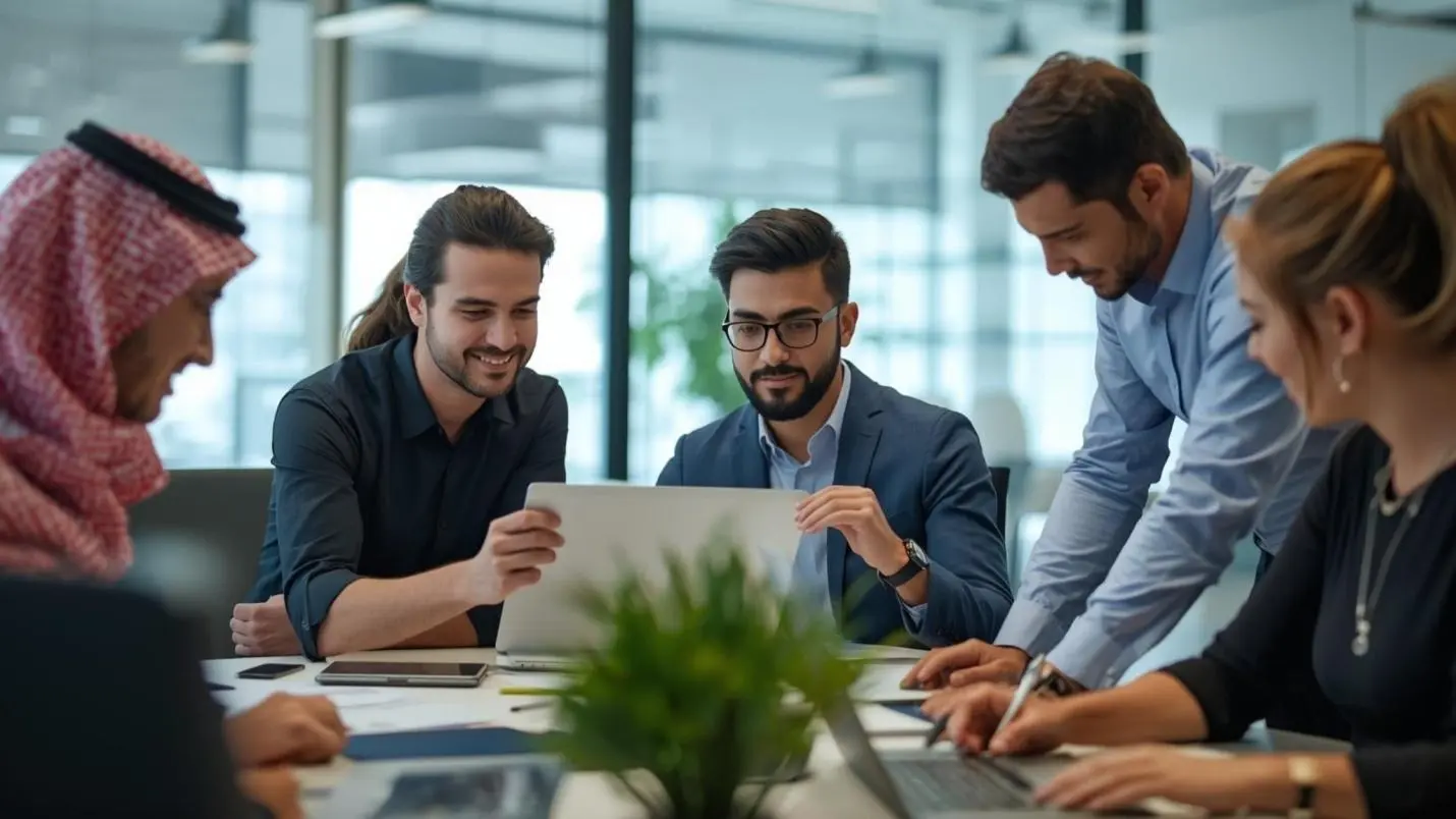A diverse group of five people collaborates around a table in a modern office, looking focused and engaged, with laptops and papers spread out.