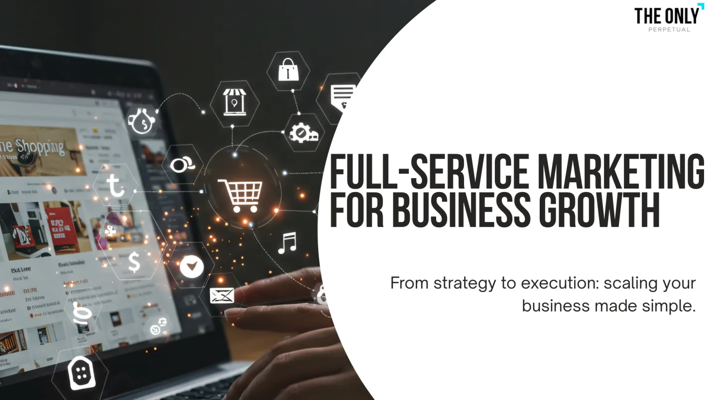 Laptop showing an online shopping page with floating digital marketing icons. Text reads: "Full-Service Marketing for Business Growth." Tone is professional.