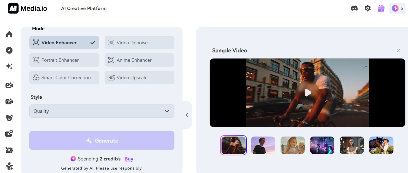 Screenshot of Media.io's interface showing video editing options. A sample video features a person cycling in the city. The tone is dynamic and vibrant.