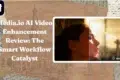 A promotional image for Media.io AI Video Enhancement featuring a split-screen comparison of a woman's profile with improved lighting. The background displays a vintage map and script. Text reads: 'Media.io AI Video Enhancement Review: The Smart Workflow Catalyst.' The image conveys modern technology and creative improvement.