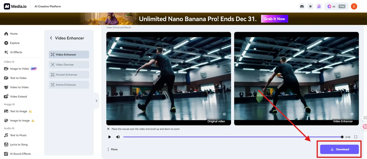 A man dances energetically indoors, captured in two side-by-side video frames labeled "Original video" and "Video Enhancer." A red arrow points to a "Download" button below the enhanced video.