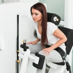 A woman with long brown hair uses a seated exercise machine in a gym. She is focused, wearing a white shirt and gray pants, conveying determination.