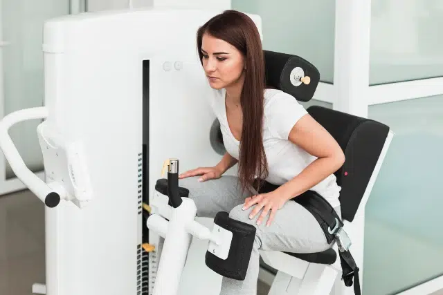 A woman with long brown hair uses a seated exercise machine in a gym. She is focused, wearing a white shirt and gray pants, conveying determination.