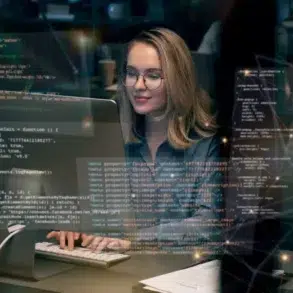 A woman with glasses smiles while working on a computer in a dimly lit office. Code and digital graphics are overlaid, conveying a tech-focused atmosphere.