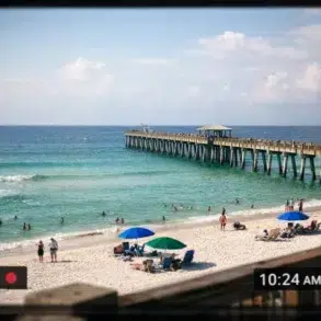 Navarre Beach Cam live view showing surf, sky, and beach conditions today
