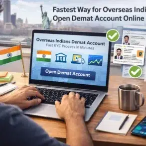 A person sits at a desk with a laptop displaying "Overseas Indians Demat Account." Documents with check marks are pinned on a wall. The tone is efficient and inviting.