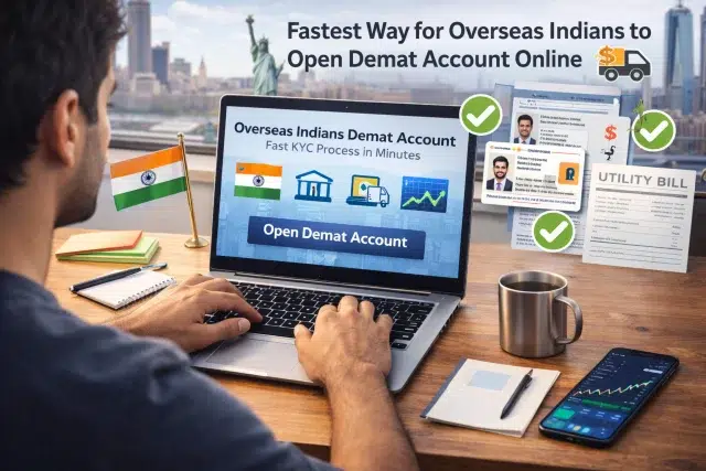 A person sits at a desk with a laptop displaying "Overseas Indians Demat Account." Documents with check marks are pinned on a wall. The tone is efficient and inviting.