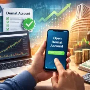 A person holds a phone showing "Open Demat Account" in a financial-themed setting. A laptop with stock charts, a bull statue, and cash emphasize market growth.