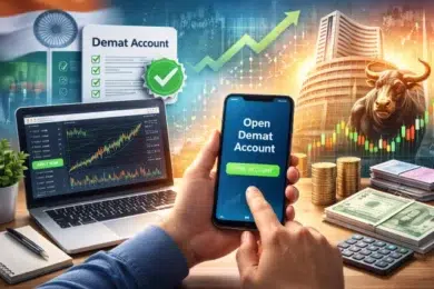 A person holds a phone showing "Open Demat Account" in a financial-themed setting. A laptop with stock charts, a bull statue, and cash emphasize market growth.
