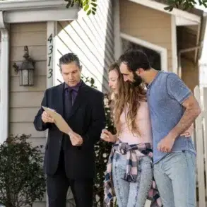 A real estate agent shows a clipboard to a couple in casual attire, standing outside a suburban house with a white picket fence, appearing thoughtful.