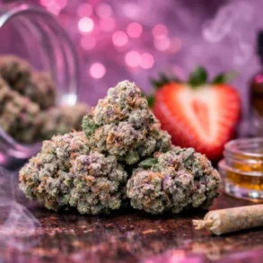 Pink Certz Strain buds with minty grape aroma and balanced hybrid effects