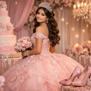 Pink Quince Dresses in blush tone ball gown with glitter tulle, corset bodice, and 3D floral appliqués styled with silver accessories.