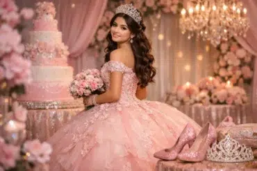 Pink Quince Dresses in blush tone ball gown with glitter tulle, corset bodice, and 3D floral appliqués styled with silver accessories.