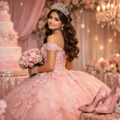 Pink Quince Dresses in blush tone ball gown with glitter tulle, corset bodice, and 3D floral appliqués styled with silver accessories.