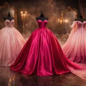 Pink quinceanera dress in blush tulle ball gown style with glitter layers; Hot pink satin quinceanera dress with corset bodice and full skirt; Ombre pink quinceanera gown with detachable sleeves and dramatic train