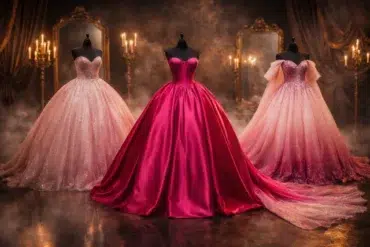 Pink quinceanera dress in blush tulle ball gown style with glitter layers; Hot pink satin quinceanera dress with corset bodice and full skirt; Ombre pink quinceanera gown with detachable sleeves and dramatic train