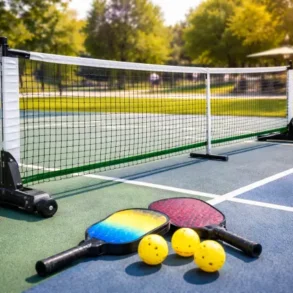 Portable Pickleball Net set up on a driveway for quick outdoor play