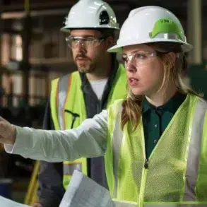 Two construction workers in hard hats and safety vests are in a factory setting. The woman in front points assertively, holding blueprints, indicating focus and direction.
