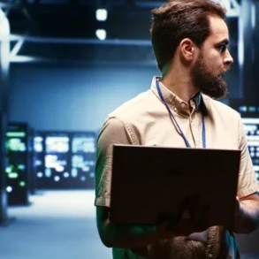 Man in a beige shirt holding a laptop in a dimly lit server room. He looks to the side, focused. Background features illuminated server racks.