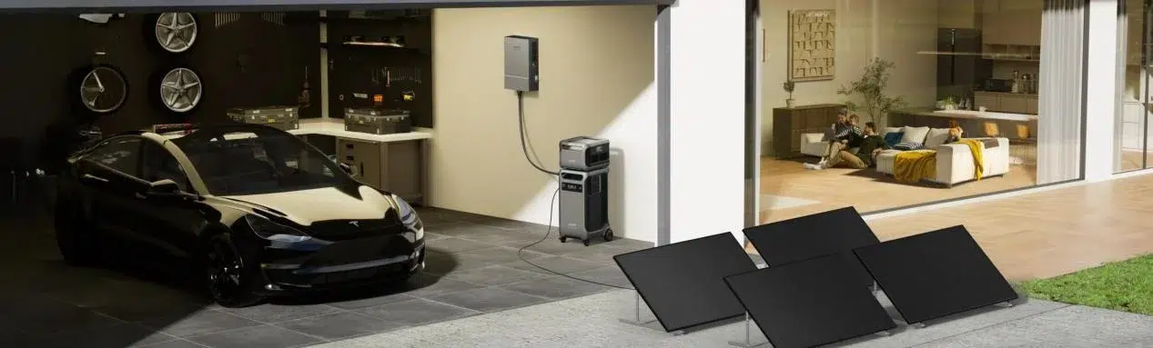A sleek black car charges in a garage beside solar panels. A modern living room is visible through the open door, conveying a sense of sustainability.