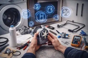 Hands hold a washing machine pump on a workshop table with tools and repair icons floating above, suggesting a technical and innovative atmosphere.