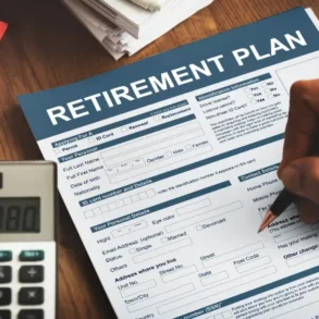 A person fills out a retirement plan form at a desk, accompanied by a calculator displaying 8980, conveying a tone of financial planning and preparation.