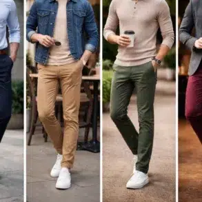 human Create an realistic unique feature image of 640427 according to this Article topic without adding text to the image Slim Fit Chino Pants Best Colors to Wear for Office, Weekend, and Dates Slim Fit Chino Pants in navy, khaki, olive, and burgundy styled for office, weekend, and date outfits