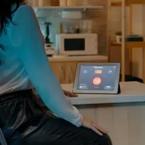 A woman in a white blouse sits at a kitchen counter using a tablet displaying smart home controls. The modern kitchen background is softly lit.